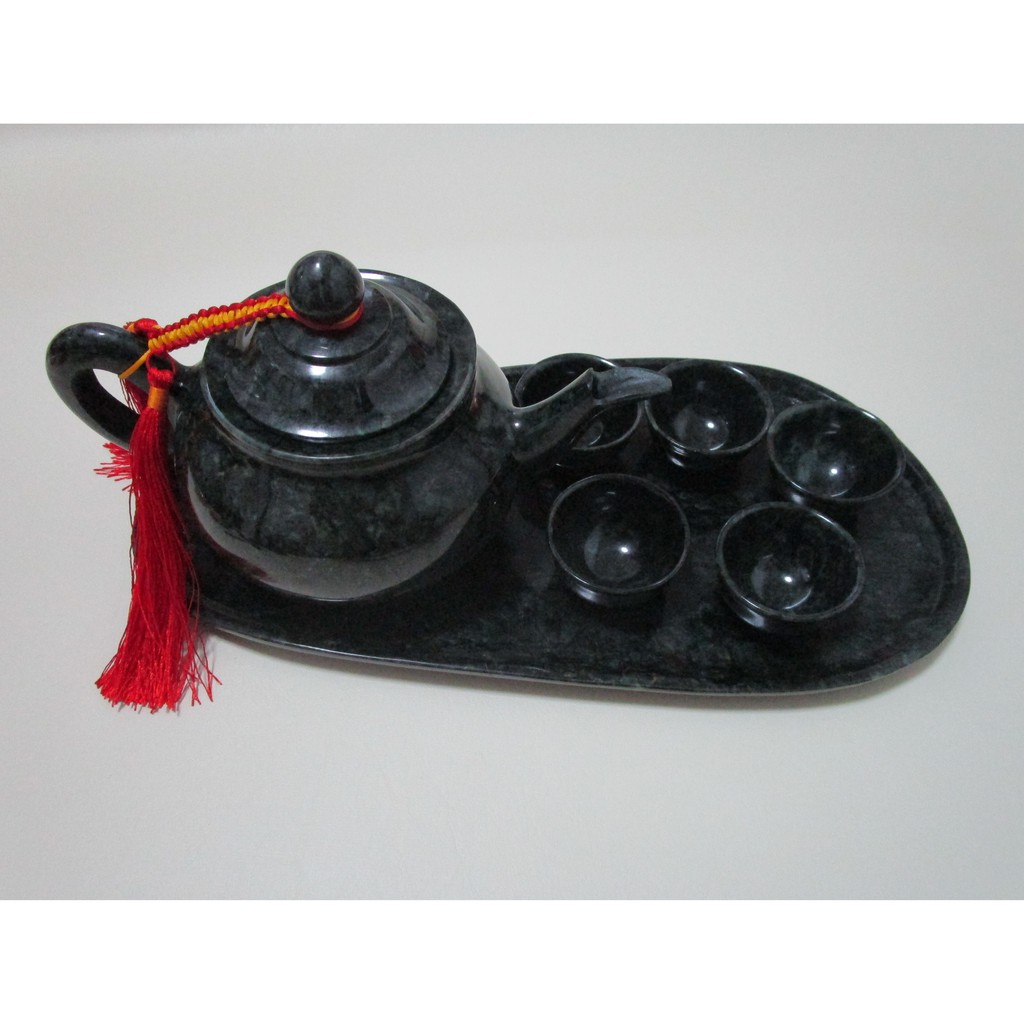 หยกพม่าแท้สีดำถ้วยน้ำชากาน้ำชาหยกพม่าแท้พร้อมถาดทำจากหยกพม่าแท้สีดำ