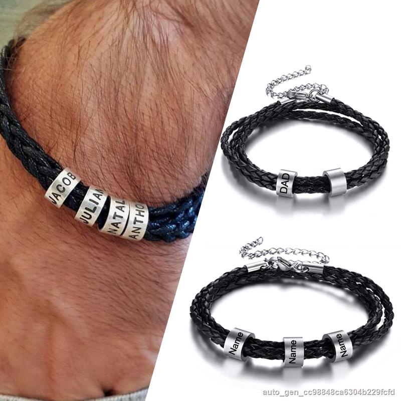 Personalized Mens Leather Bracelet With Custom Beads Braid Black Name