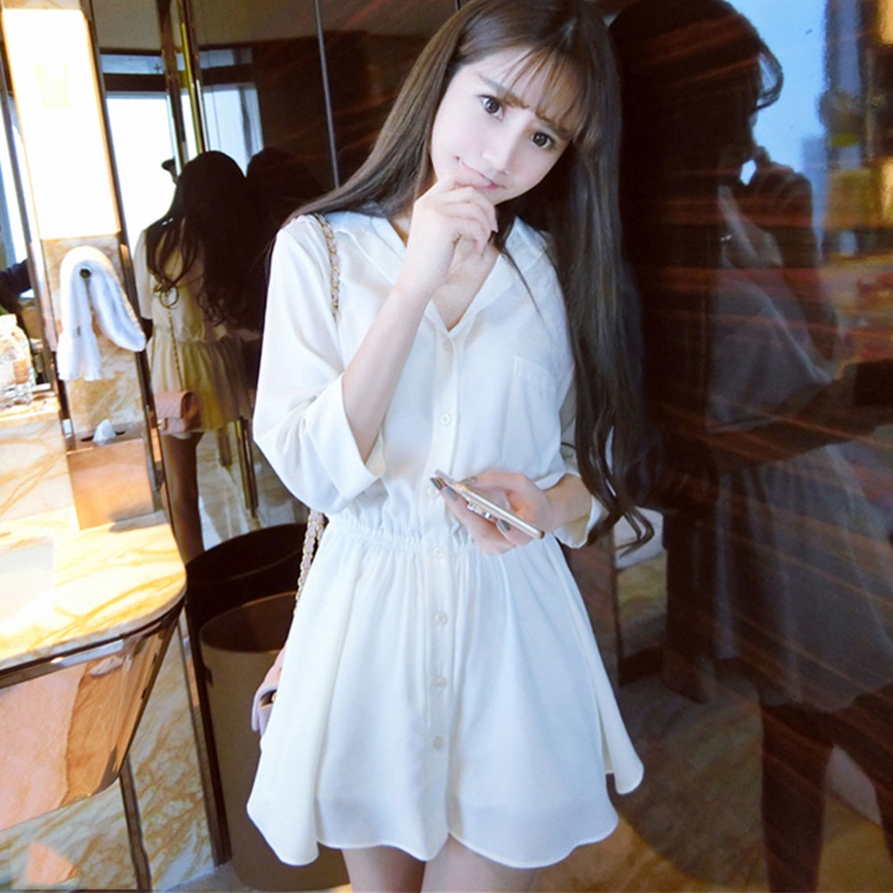 ขายส่ง ชุดเดรสสั้นคอวีแขนยาวผ้าชีฟองลำลองสำหรับผู้หญิง