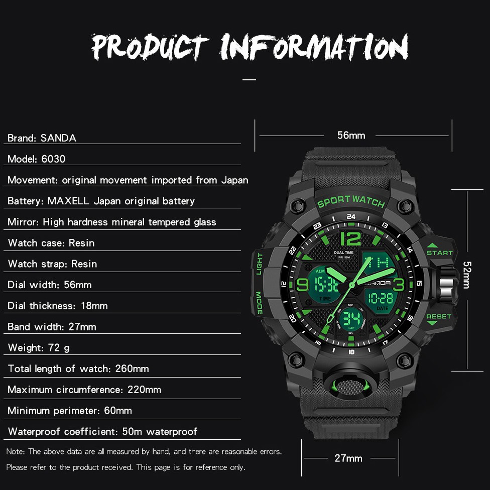 นาฬิกาข้อมือผู้ชายกันน้ำ SANDA นาฬิกาสปอร์ตแฟชั่นส่องสว่างสุดหรู LED Outdoor Analog Military Multi-function Men Watch
