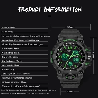 นาฬิกาข้อมือผู้ชายกันน้ำ SANDA นาฬิกาสปอร์ตแฟชั่นส่องสว่างสุดหรู LED Outdoor Analog Military Multi-function Men Watch