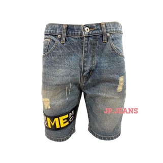 Jp.jeans กางเกงยีนส์ชายขาสั้นสีบลูฟอกซีดแต่งขาดเย็บหนัง Size 28-38