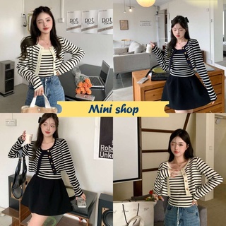 Mini shop🌸พร้อมส่ง🌸(9526+9526-2-C/9526-1) เสื้อสายเดี่ยวไหมพรม+ เสื้อคลุม ลายทางน่ารักมาก