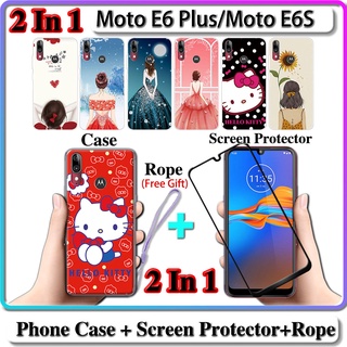 2 IN 1 เคส Motorola Moto E6 Plus E6S เคส พร้อมกระจกนิรภัยโค้ง เซรามิค ป้องกันหน้าจอ สําหรับเด็กผู้หญิง และคิตตี้