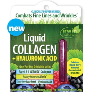 💥pre order💥New ⚡️Irwin Naturals, Liquid Collagen + Hyaluronic Acid, Mixed Berry, 10 Liquid-Tubes, 10 ml Each