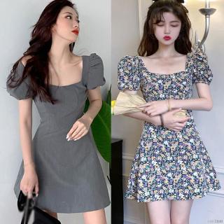 Womens Floral Square Collar Puff Sleeve Slim Sweet A Line Dress