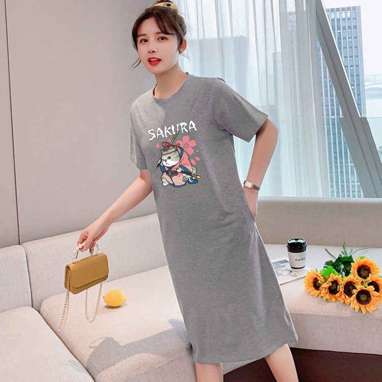 Q22 กระโปรงเดรสยาวผู้หญิงสไตล์เกาหลี 2020 คอกลมแขนสั้น ลายพิมพ์สวยงานเนื้อผ้ายืดหยุ่นดี ทรงสวย แนวหวานสดวัยรุ่นน่ารัก