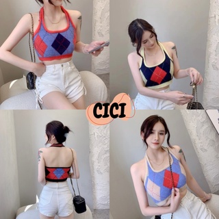 Cici(NO.C2026)KnitCrop Strip เสื้อครอปสายเดี่ยวคล้องคอ เทกเจอร์ทอลายตารางสุดฮิต