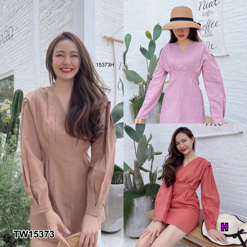 S15373 Dress เดรส สั้นแขนยาวจับจีบเกาหลีทรงไหล่จับจีบซิปหลัง ผ้าลินิน สีพื้น 💚พร้อมส่งในไทย💚