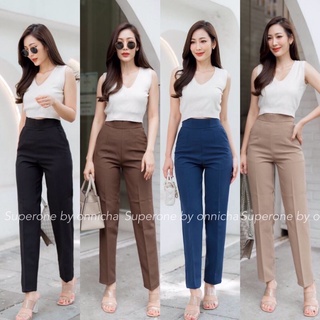 🍃NEW🍃 S-3XL กางเกงเอวสูง ขากระบอกเล็กผ้าไอด้า รุ่นซิบหลัง หน้าเรียบ