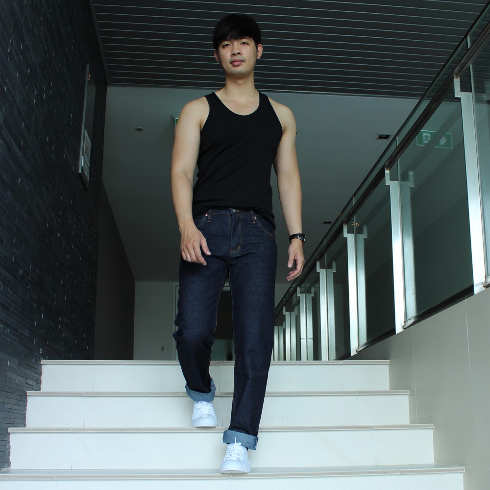 Golden Zebra Jeans กางเกงยีนส์ชายผ้าดิบขากระบอกใหญ่ริมแดงสีน้ำเงิน(14oz.)