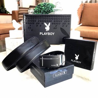 เข็มขัดหนังสีดำรุ่นใหม่ PLAYBOY MEN LEATHER BELT (Free Size)