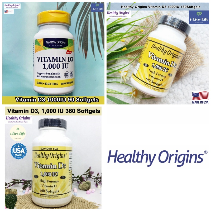 Healthy Origins - Vitamin D3 1,000 IU 90, 180 or 360 Softgels วิตามินดี 3 วิตามินดีสาม D-3