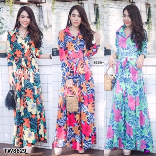 MaxiDress แม็กซี่เดรสเชิ้ต แขนยาว ผ้าโรนัลโด้ พิมพ์ลายดอกไม้ทั้งตัว