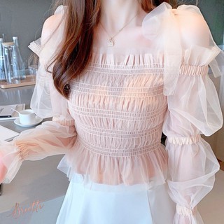 (ใช้โค้ด INC2SFA ลด 100.- ขั้นต่ำ 300.-) BTB35 - Pink chiffon off-shoulder blouse เสื้อครอปเปิดไหล่ผ้าชีฟองสีชมพู