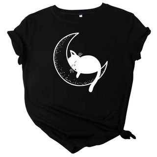 【100% cotton】เสื้อยืดลําลอง ผ้าฝ้าย แขนสั้น คอกลม พิมพ์ลายกราฟฟิค Moon Sleeping Cat สําหรับสตรี