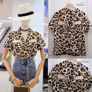 พร้อมส่ง-Chicha เสื้อเชิ๊ตลายเสือดาวเท่ๆ กระเป๋าหน้าเกร๋ๆ ใส่ง่ายกับยีนส์