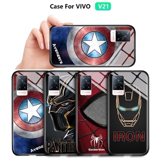  For VIVO V21 4G 5G เคสโทรศัพท์Marvel เคสโทรศัพท์ซูเปอร์ฮีโร่เคสกัปตันอเมริกาไอรอนแมนสไปเดอร์แมนกระจกเทมเปอร์ฝาหลัง Cover