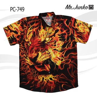 ⚡ ส่งฟรี⚡เสื้อเชิ้ต ลายสัตว์ดุร้ายเปลวไฟ ผ้าซาติน นิ่ม ใส่สบายไม่ร้อน Mr-Junko PC-749