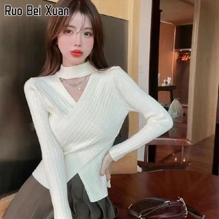 RUO BEI XUAN เสื้อกันหนาวผู้หญิงออกแบบใหม่บางพอดี Halter แขนสั้นถักเสื้อกันหนาว