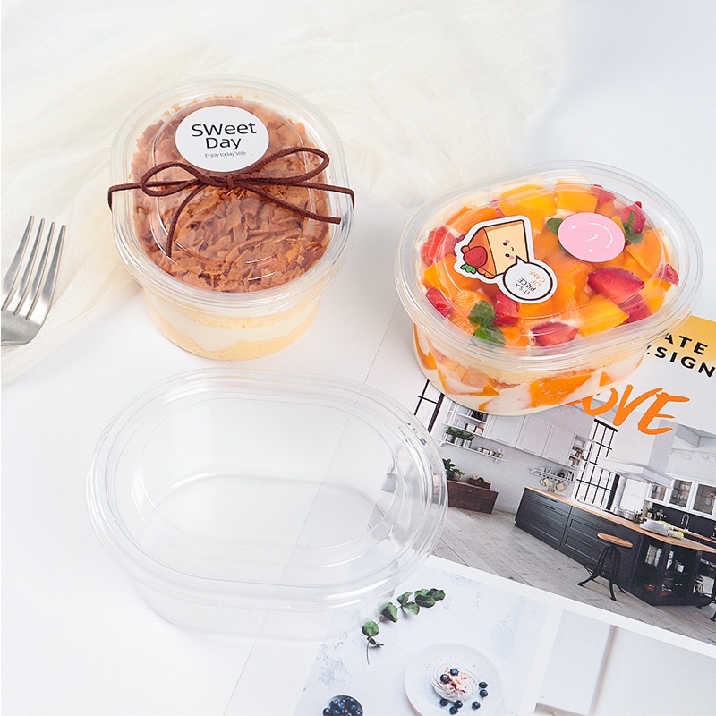 B016 พร้อมส่ง(แพค25กล่อง+ฝา) กล่องพลาสติกpet ทรงวงรี ขนาด350ml ใส่ขนม cakebox ชามนม พุดดิ้ง มูสเค้ก สไตล์เกาหลี