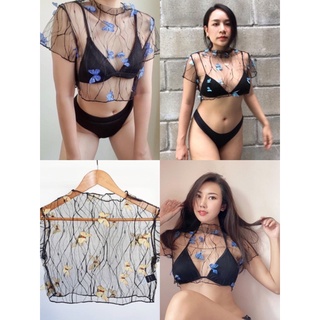 (พร้อมส่งสีน้ำเงินไซส์ XL, สีฟ้าไซส์ M) 💛BUTTERFLY MESH TOP เสื้อคลุมตาข่ายผีเสื้อ (บราขายแยก)