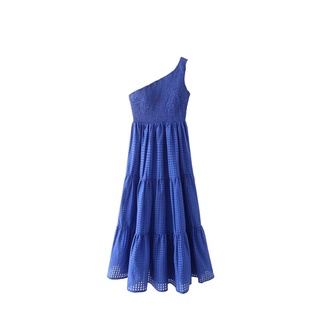 ชุดเดรสผู้หญิงสีน้ำเงิน ปาดไหล่ข้างเดียว กระโปรงบานสวย สไตล์zara