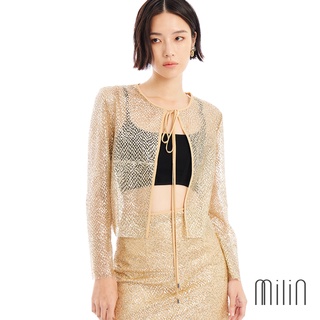 [MILIN] Rare Jacket Open front bow tie glitter textured jacket เสื้อคลุมตาข่ายกลิตเตอร์คอกลมผูกโบว์เสื้อแจ็คเก็ต