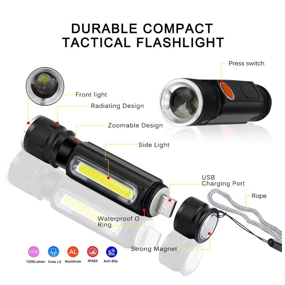 ไฟฉาย LED mini XM-L T6 + COB ซูมได้ มี 3 โหมด แบตเตอรี่ในตัว ชาร์จ USB (สีดำ) ราคา ถูกที่สุด ดีลบีเคเค แกลเลอรีภาพที่ 6