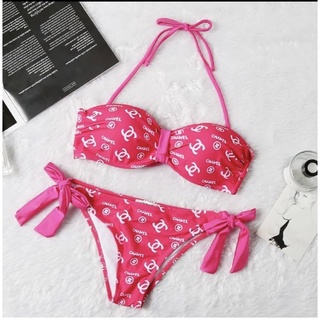 ชุดว่ายน้ำแบรนด์เนม Bikini 👙 Chanel สีชมพู M,L มีงานจริงในภาพเลื่อนเลย