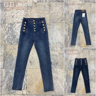 G.D.Jeans รุ่น 90229#กางเกงยีนส์แฟชั่นขายาวผ้ายืดเอวสูงทรงเรียบสีเข้มแต่งกระดุมทองแบบเก๋ๆ