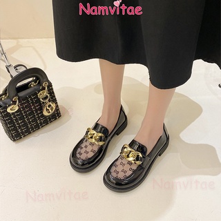 Namvitae รองเท้าโลฟเฟอร์ หนัง PU ส้นเตี้ย หัวกลม ปากลึก ทรงสี่เหลี่ยม ขนาดเล็ก สไตล์เรโทร แฟชั่นสําหรับผู้หญิง