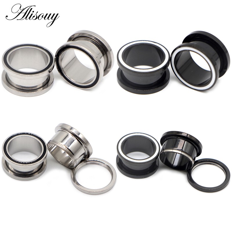 Alisouy 2 ชิ้น คริสตัล สเตนเลส อโนไดซ์ สีดํา สกรู เนื้อ อุโมงค์ ที่อุดหู เกจ เจาะร่างกาย เครื่องประดับ