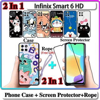 2 IN 1 เคส Infinix Smart 6 HD พร้อมกระจกนิรภัยกันรอยหน้าจอโค้ง เซรามิค ลายแมวและโดราเอมอน