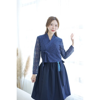 [Boraunnii]  Stylish Lace Set สีDark Navy ชุดฮันบกประยุกต์ เสื้อลูกไม้  ครอปความยาวกำลังดี