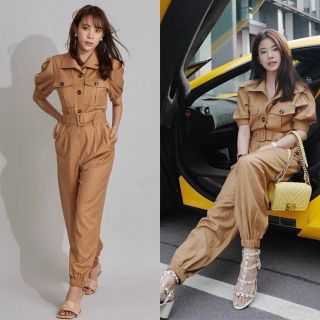 Jumpsuit จั๊มสูท คอปกกระดุมหน้า ขายาวดีเทลทรงขาพอง แต่งเข็มขัดเอวเข้ารูปสวย