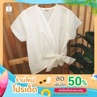 เสื้อผ้าฝ้ายป้ายหน้าผูกโบว์ ผสมลินิน (5สี ฟรีไซส์)