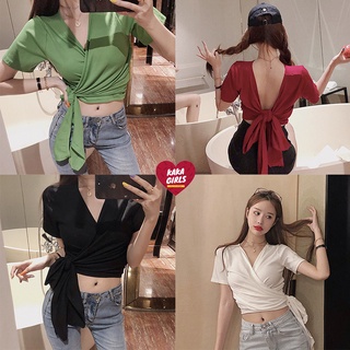 เสื้อผ้าผู้หญิงพร้อมส่ง เสื้อครอปแขนสั้นคอวีสไตล์สาวเกาหลี เสื้อเอวลอยแขนสั้น พร้อมส่ง มี 4 สี เสื้อครอปคอปกเอวลอย