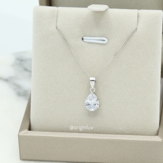 OriginLuv สร้อยคอเงินแท้925 ชุบทองคำขาว ฝังเพชรสวิส CZ เพชรหยดน้ำ2 กะรัต