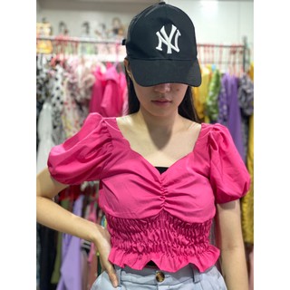 เสื้อครอปสีพื้นคอวีสม็อคเอว