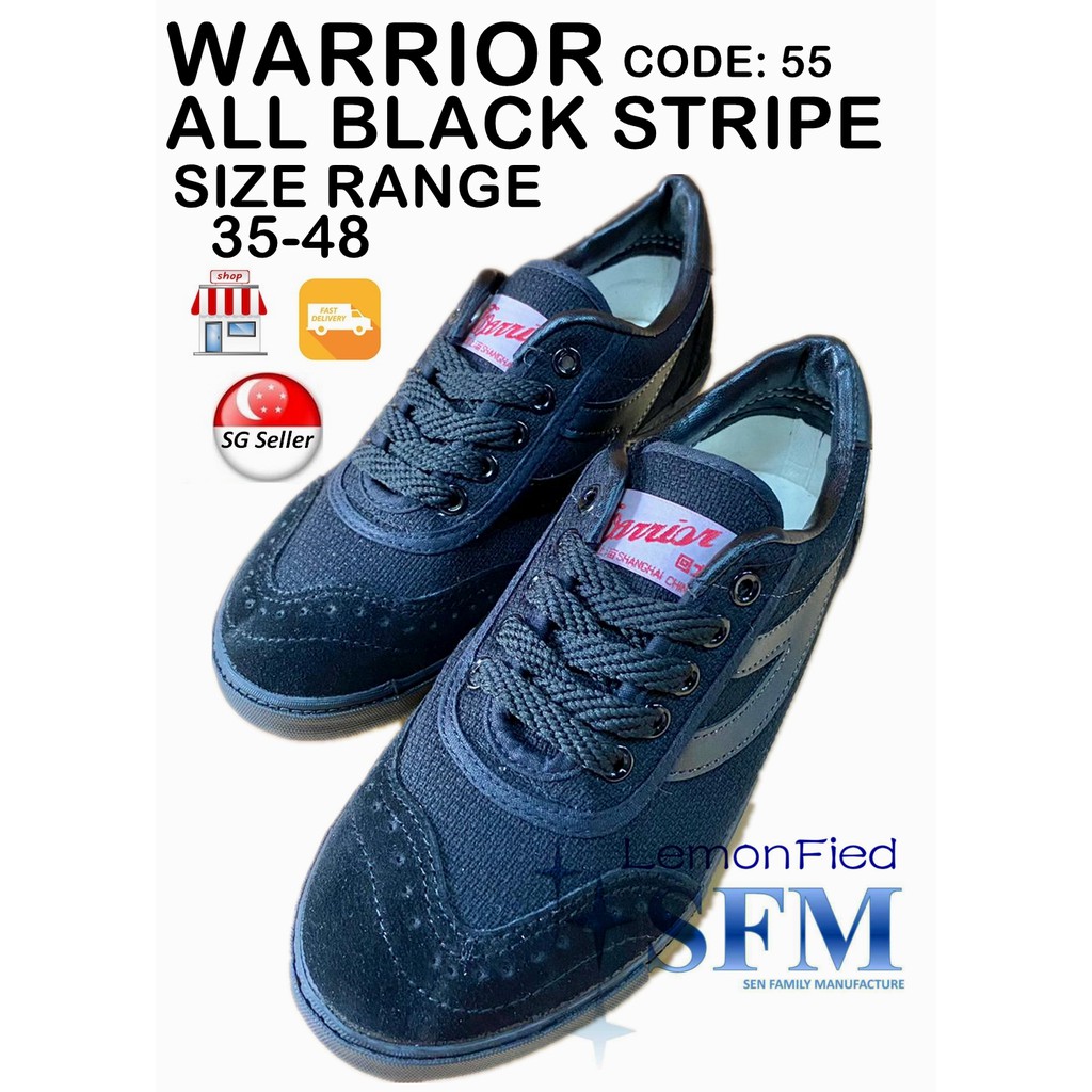 Warrior Full BLACK SG Retailer กีฬาแบดมินตันแฟชั่นรองเท้าผ้าใบ 55H 28A รองเท้านักเรียนผ้าใบในร่มกลาง