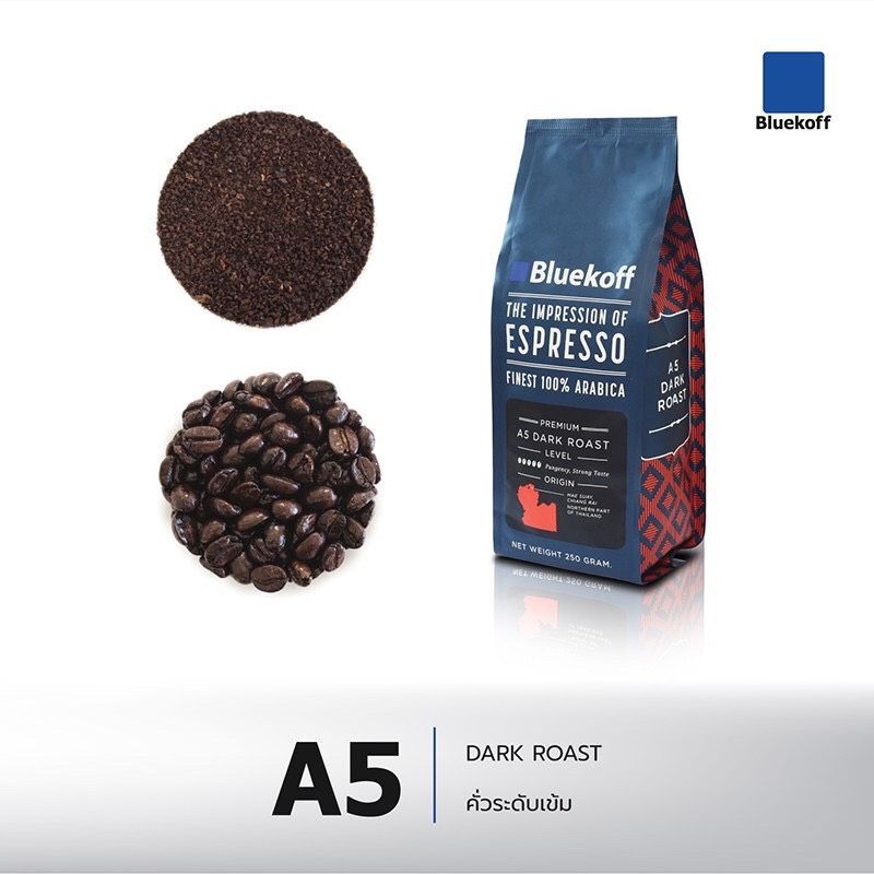 มีสินค้าพร้อมส่งBluekoff A5  Premium เกรด A  ระดับเข้ม (Dark Roast) (1ถุง บรรจุ 250 g.)