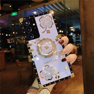 เคสป้องกันโทรศัพท์มือถือ ลายใบโคลเวอร์ ประดับพลอยเทียม กันกระแทก สําหรับ Samsung Galaxy S21 S22 Ultra Plus S21 FE S21FE S21+ S22+ S21ultra S22ultra S 22 4G 5G