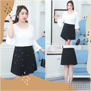 PMSWEET PLUSSIZE : PM4195 : พร้อมส่ง เสื้อผ้าไซส์ใหญ่ คนอ้วน สาวอวบ กระโปรงสั้นแต่งมุก เอวยางยืด มีซับในแบบกางเกง