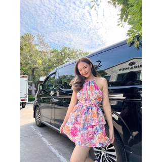 เดรสสั้น ทรงเว้าหลัง เอวจับจีบย่น ซิปหลัง ทรงผูกโบว์คอปรับรูดเอง