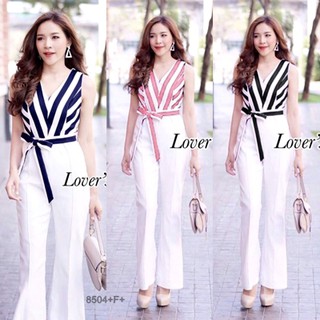 J8504 Jumpsuit จั๊มสูท แขนกุด ลายทาง กางเกงสีพื้น + สายผูกเอว