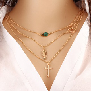 New Fashionable Multi-layer Cross Collarbone Eye Leaves Chain Necklac