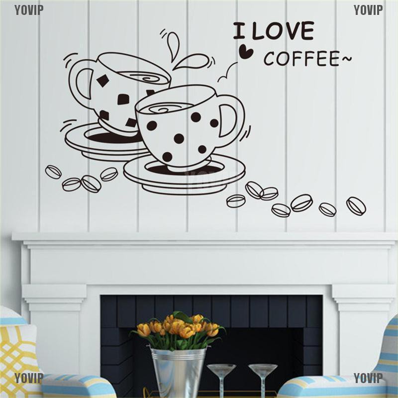 Yovip สติกเกอร์ติดผนัง ลอกออกได้ ลาย I Love Coffee Cup น่ารัก สําหรับห้องครัว
