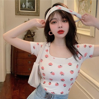 เสื้อครอปแขนสั้น คอสี่เหลี่ยม เข้ารูป สไตล์เกาหลี สําหรับผู้หญิง