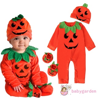 Babygarden-ชุดบอดี้สูทรอมเปอร์แขนยาวคอกลมลายฟักทอง + หมวก + รองเท้าสําหรับเด็ก